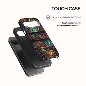 May include: A phone case with a detailed bookshelf design, featuring rows of books, plants, and glowing accents. The case is black with a tough plastic shell and dual-layer protection. Text on the case reads "TOUGH CASE" and "DUAL-LAYER PROTECTION".