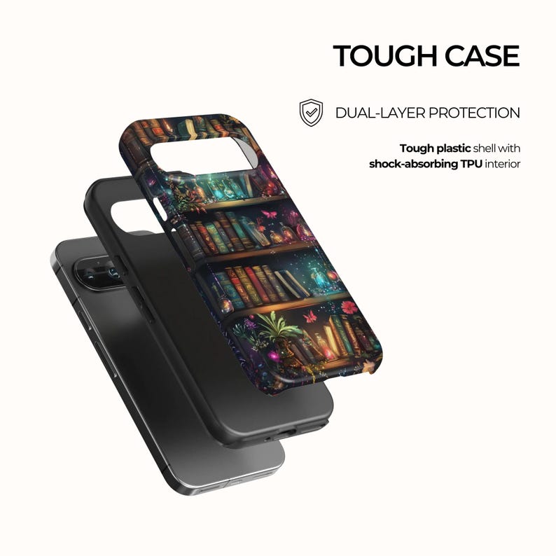 May include: A phone case with a detailed bookshelf design, featuring rows of books, plants, and glowing accents. The case is black with a tough plastic shell and dual-layer protection. Text on the case reads "TOUGH CASE" and "DUAL-LAYER PROTECTION".