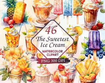 Ice Cream Clipart, Watercolor Ice Cream PNG Bundle, Popsicle PNG, Summer Clipart, Ice Cream Cone, Dessert PNG, Sweet Treats, Sublimation