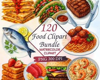 Food Watercolor Clipart, Kitchen Clipart, Png Clipart, Commercial use, Breakfast Clipart, Cook Clipart, Food Clipart, Dessert Clipart, POD