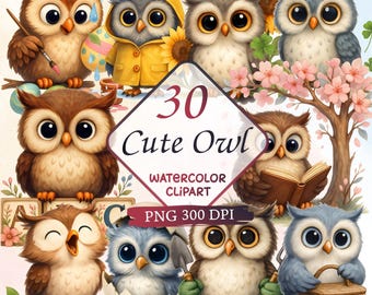 Cute Owl Watercolor Clipart Bundle, Commercial Use (PNG)