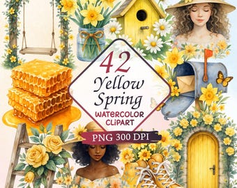 Żółty wiosenny zestaw akwareli, wiosenny clipart, clipart Png, clipart do użytku komercyjnego, clipart akwarelowy, sublimacja, akwarela wiosenna