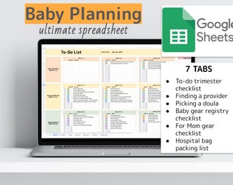 Planilha de planejamento de bebê - Planilhas Google Planilha de planejamento de gravidez - Registro de bebê para mamãe de primeira viagem, Lista de tarefas do rastreador de gravidez