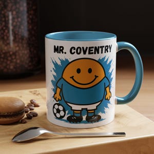 Mr Coventry Mug | Funny Coventry Gift | Cartoon Cup for Coventry Fans | Sky Blue Character Design | Matchday Coffee Mug | Coventry Inspired