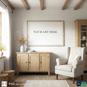 Large Horizontal Frame Mockup in Natural Light | 3x2 Ratio | Cozy Cottage Wall Art Frame PSD Mockup