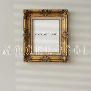 Vintage Vertical Gold Frame Mockup | 4x5 Ratio | Frame Mockup on a White Wall | With Optional Wall Shadow