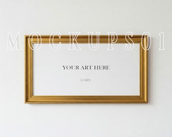 2: 1 Ratio Rahmenmockup | Goldrahmen Mockup | Landschaft Glattes Gold 2x1 Rahmen Mockup an einer Wand | Mit 6 Optionalen Wandschatten zur Auswahl