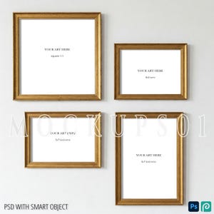 Gallery Wall Frame Mockup Set of 4 | Distressed Gold Frame Collection for Multiple Art Sizes
