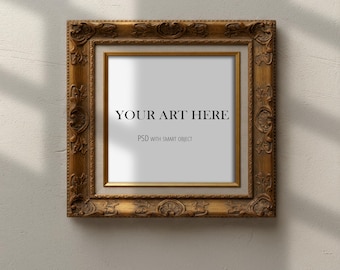 Quadratischer Goldrahmen Mockup | Antikes Goldrahmen Mockup auf einem Weißen Wand Hintergrund | Mit Optionalen Wand Schatten