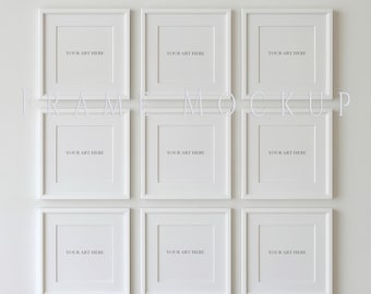 Maqueta de galería con marco cuadrado de 9 piezas / Exhibidor de arte de pared (PSD)