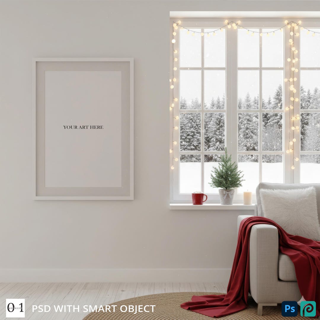 White Frame Beside Window With Holiday Tree View | Cozy Winter Scene ...