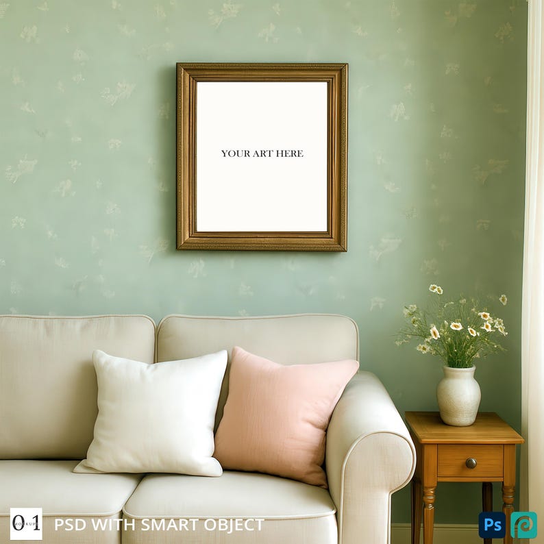 English Cottage Living Room Frame Mockup – Soft Green Wall – Neutral ...