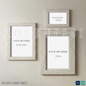 Wall Art Gallery Mockup of 3 Frames | Vintage Farmhouse Frame Mockup on a Wall | PSD with Smart Object