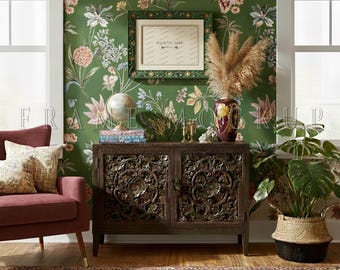 Botanical Wall Art Frame Mockup – Green Floral Wallpaper, Carved Wood (PSD File, JPEG)