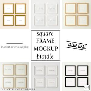 Bundle of 4-Frame Mockups | Varied Digital Wall Art Displays | Four Squares Gallery Wall PSD Mock Ups