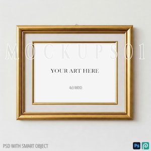 May include: A gold-colored picture frame with a white mat and a white background. The text "YOUR ART HERE" and "4x3 RATIO" is printed in black on the white background.