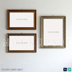 Vintage Frame Mockup Set of 3 | Mismatched Gold & Silver Hanging Frames on White Wall | Wall Art Gallery Mockup