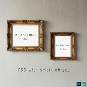 Set of 2 Gold Frame Mockup | Horizontal & Vertical | Vintage Classic Frame Mockup on a Wall | Optional Wall Shadow