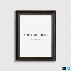 May include: A black wood picture frame with a gold inner border. The frame is empty and has the text "YOUR ART HERE" and "PSD WITH SMART OBJECT" printed in black.