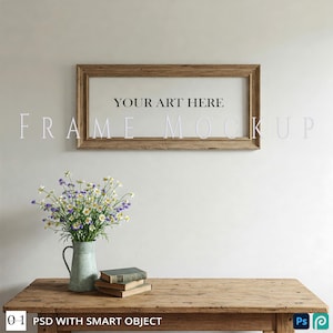 Long Horizontal Wood Frame Mockup | Landscape Art Mockup | Rustic Farmhouse Interior | Wall Art Display | Instant Download