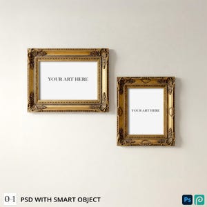 Two Gold Frame Mockup | Horizontal 3x2 & Vertical 3x4 | Antique Classic Frame Mockup on a Wall | Optional Shadow | Set of 2 Frame Mockup