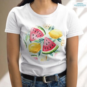 Summer Fruit Tee – Feminine Fit with Watermelon and Lemon Print – Playful Women’s Top for Vacation, Beach and Everyday Wear