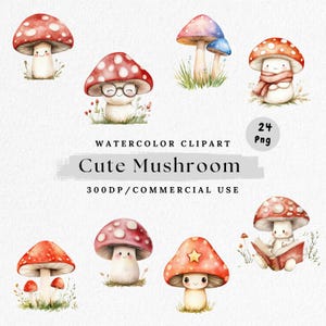 Bundle de cliparts aquarelle champignon, mignon forêt champignons personnages PNG, décoration de chambre d'enfant lunatique champignon vénéneux, jardin féerique, téléchargement numérique