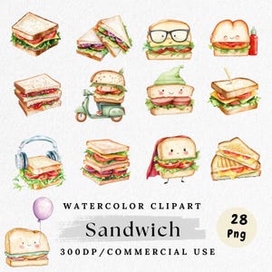 Sandwich Clipart Bundle, süße Aquarell Sandwiches PNG, Fast Food Clip Art, Sub, Burger, Toast Grafiken, digitale Foodkunst, kommerzielle Nutzung