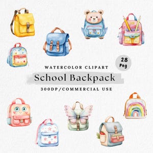 May include: A set of 28 watercolor illustrations of school backpacks. The backpacks are in various colors and designs, including a rainbow, a butterfly, a bear, and a smiley face. The illustrations are perfect for use in scrapbooking, card making, and other craft projects.