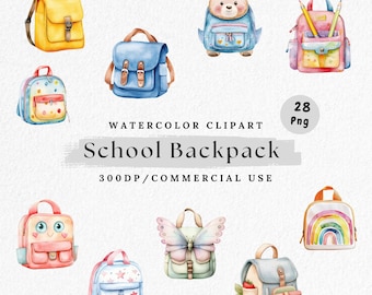 Watercolor School Backpack Clipart: Kawaii PNG Illustrations (Digital Download)
