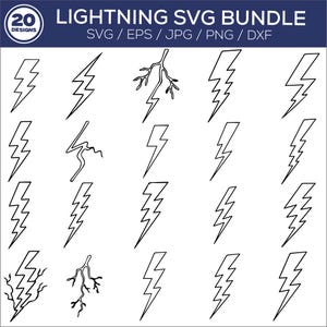 May include: A collection of 20 lightning bolt designs in black and white. The designs include various styles of lightning bolts, including jagged and branched patterns. The text "LIGHTNING SVG BUNDLE" is at the top, with file type options below.