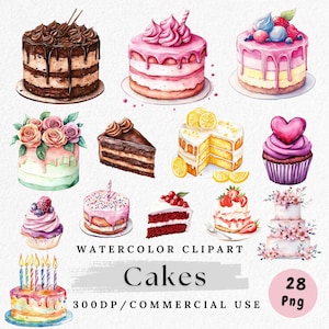 Taarten clipartbundel, aquarel cake illustraties, verjaardagstaart illustraties, zoet dessert digitale download, cupcakes png's, commercieel gebruik