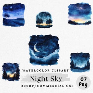 Night Sky Clipart, Watercolor Night PNG, Starry Sky, Moon and Stars Clip Art, Celestial Landscape PNG Set, Digital Download, Scrapbook Image