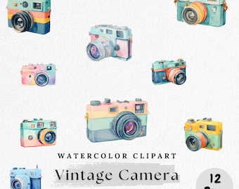 Watercolor Vintage Camera Clipart: Retro Photography PNG (Digital Download)