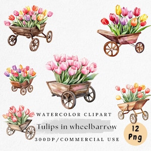 手押し車に乗ったチューリップのクリップアート、水彩画の花カートのPNG、春の庭のイラスト、花の手押し車のクリップアート、デジタルダウンロード
