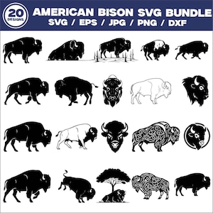 Puede incluir: Una colección de 20 diseños SVG de bisonte americano en blanco y negro. Los diseños incluyen varias poses y estilos, como siluetas, ilustraciones detalladas y patrones tribales. El texto "AMERICAN BISON SVG BUNDLE" está en la parte superior.