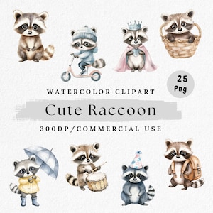 Cute Raccoon Clipart Bundle, Kawaii Woodland Animal Character, Forest Raccoon Art for Nursery Decor, Baby Shower, Scrapbooking, Download