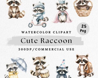 Paquete de imágenes prediseñadas de mapache lindo, personaje animal kawaii del bosque, arte de mapache del bosque para decoración de guardería, baby shower, álbumes de recortes, descarga