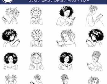 Afro Girls Reading SVG Bundle for Cricut, Black Woman Line Art Reading Book Designs, Natural Hair Illustration Cut Files, Elegant Outline