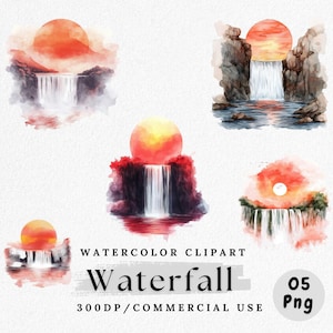 Waterfall Clipart, Watercolor Waterfall PNG, Nature Landscape Clip Art, Mountain Stream, Scenic Waterfall Art, Digital Download, Commercial