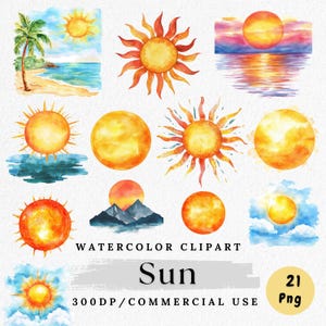 Sun Clipart, Watercolor Sun PNG, Bright Sun art, Sunshine Clip Art, Summer Sun, Yellow Sun Digital Download, Paper Crafting, Card Making