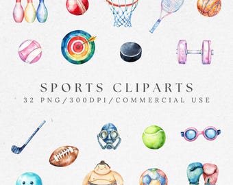 Watercolor Sports Clipart: Equipment & Balls PNG (Digital Download)