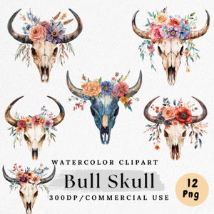 Bull Skull Clipart, Watercolor Western Skull PNG, Boho Cow Skull Illustration, Desert Rustic Clip Art, Bohemian Decor PNG, Digital Download