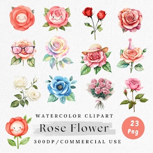 Rose Clipart Bundle, Aquarell Rose PNGs, niedliche Blumen Clipart, rosa rote Rose Kunst, Kawaii Blumen Charaktere, digitale botanische Kunst Aufkleber