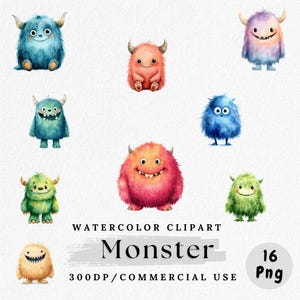 Monster Clipart, Cute Monster PNG, Colorful Cartoon Monsters, Watercolor Monster Clip Art, Kids Monster, Funny Monsters, Digital Download