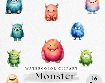Monster Clipart, Cute Monster PNG, Colorful Cartoon Monsters, Watercolor Monster Clip Art, Kids Monster, Funny Monsters, Digital Download