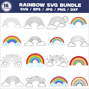 Puede incluir: Una colección de 16 diseños de arcoíris en varios estilos, incluyendo versiones coloridas y delineadas. El texto "RAINBOW SVG BUNDLE" se muestra en la parte superior, junto con opciones de tipo de archivo.