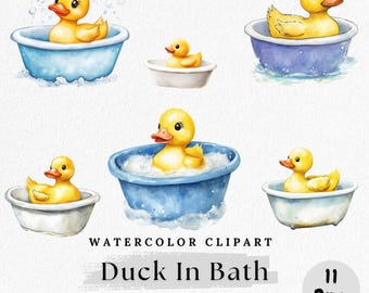 Clipart de pato en acuarela en el baño: Gráficos para baby shower (Descarga digital, 11 PNG)