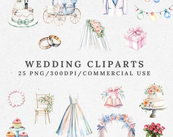 Watercolor Wedding Clipart: Bride, Groom, Cake (Digital Download)
