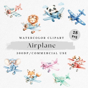 Pacote de clipart de avião em aquarela, pilotos de animais fofos PNG, clipart de aventura em viagens, clipart de aviação para berçário, avião kawaii com animais